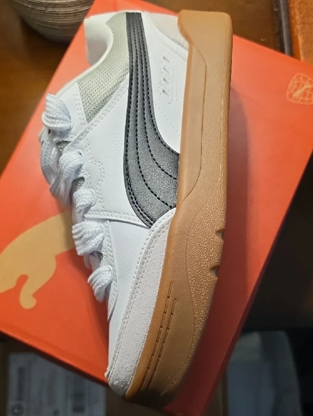 Puma Kids White & Black Low-Top Sneaker with Brown Sole